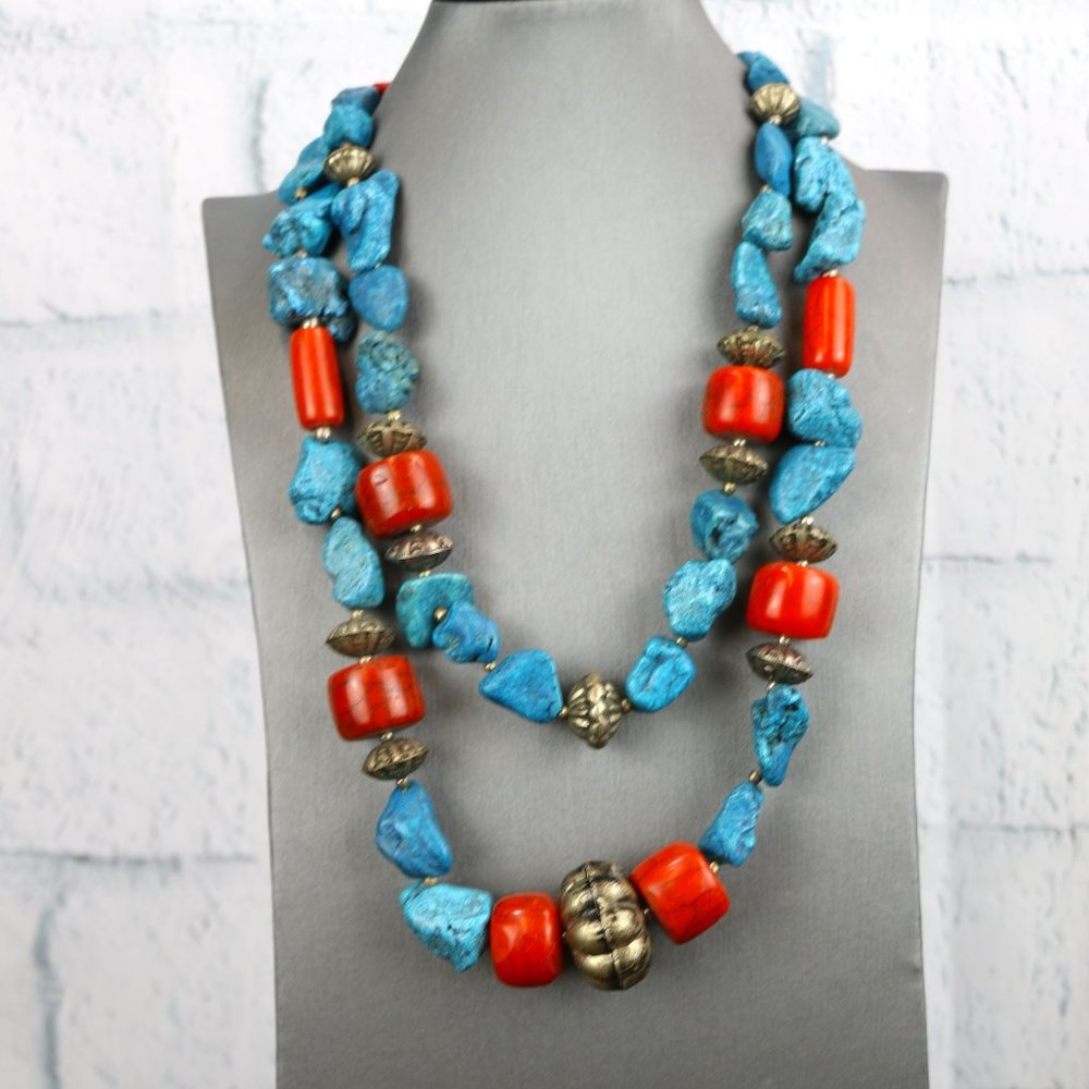Turquoise And Orange Bead Statement Necklace - image 1